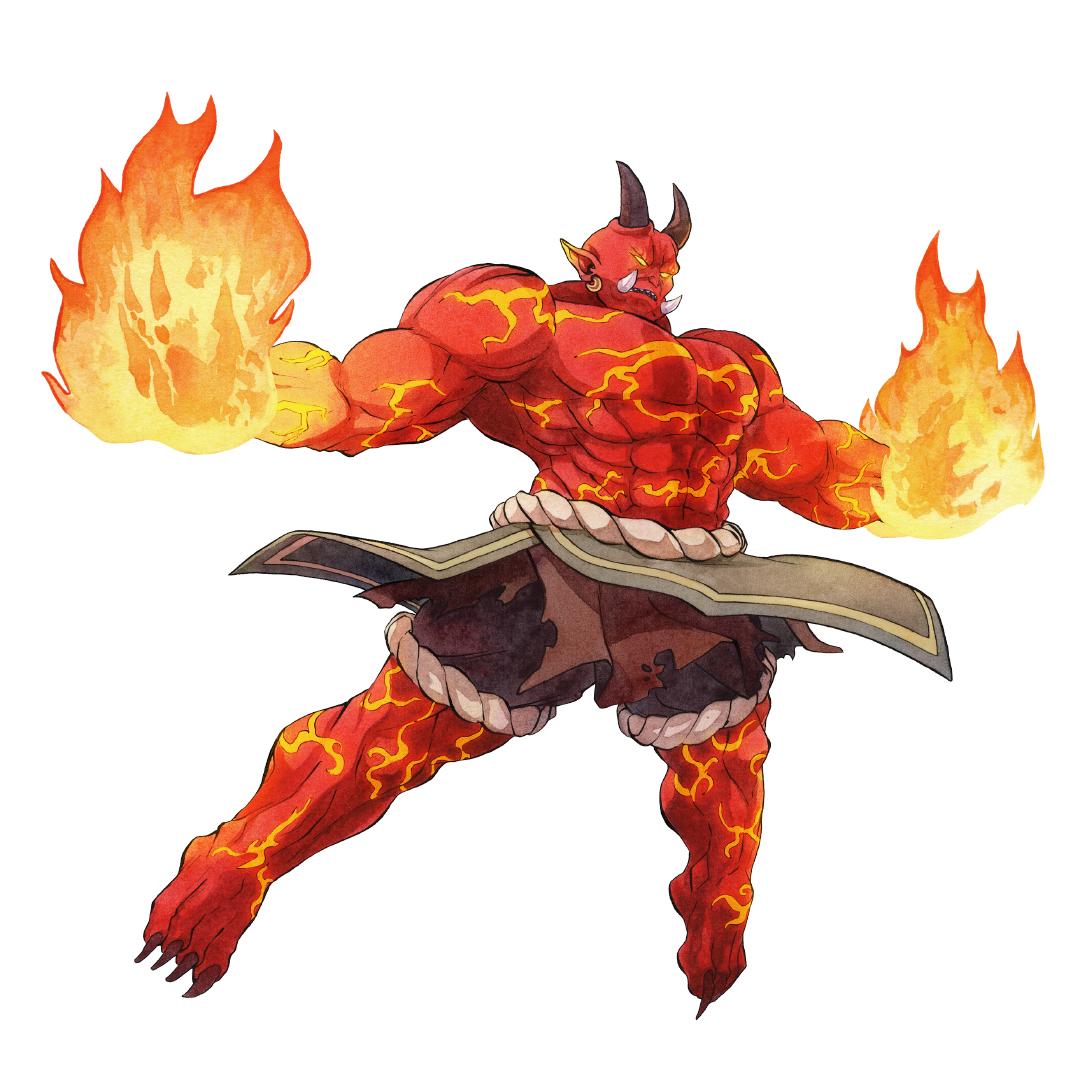 Ifrit watercolors illustration, red skin and glowing yellow marks on the body, black horns and hands in fire.