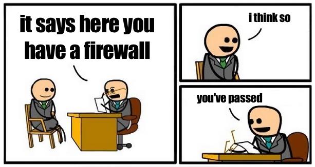 Auditor: “It says here you have a firewall” Customer: “.. I think so” Auditor: “you’ve passed”