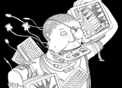 Black and white illustration of a person who is carrying an old computer and many keyboards, one of his eyes is closed in a "pirate style" with a computer mouse, he has cables around his neck and cables behind his back. He holds something like a motherboard in his mouth