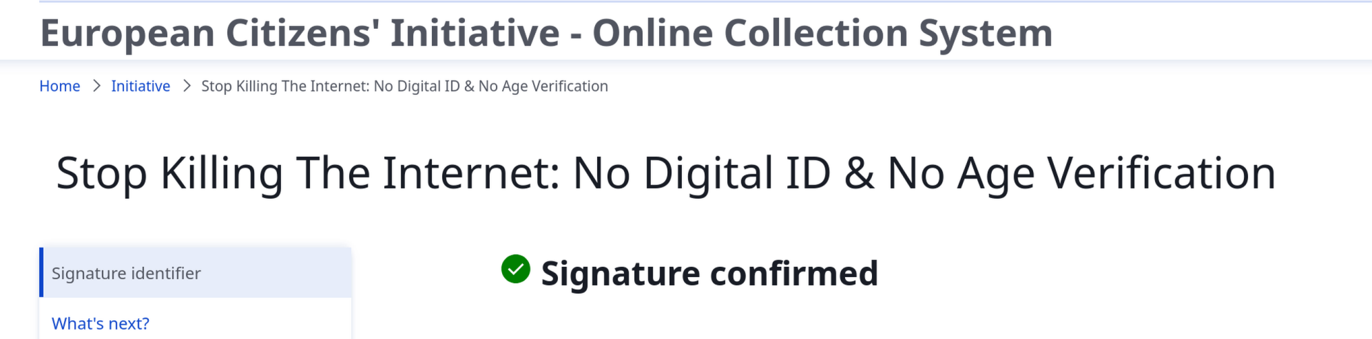 Screenshot of my confirmed signature for this ECI