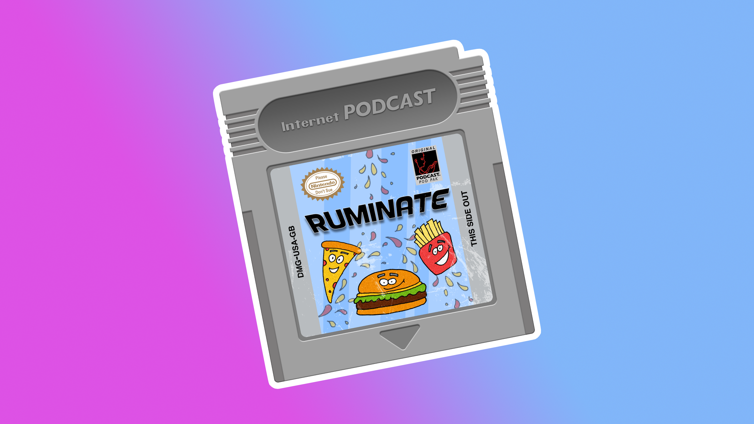 A gameboy cartridge that says Ruminate on it with some hand drawn food on a gradient background