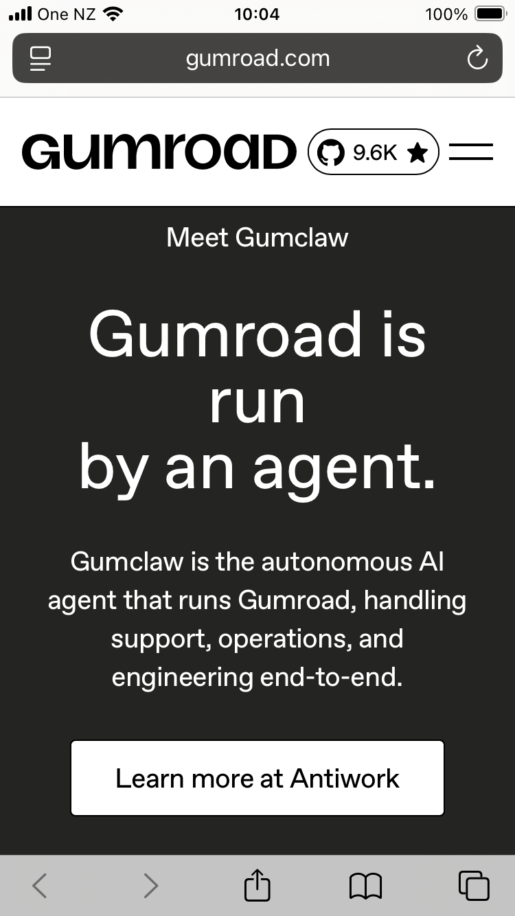 Screenshot of top of “gumclaw” page linked in post saying “Gumroad is run by an agent”