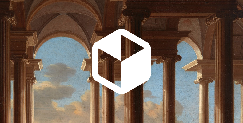 Painting of a ceiling held up by columns with a cloudy sky in the background. In the foreground there's the Flatpak logo, a simple isometric box symbol, in white.