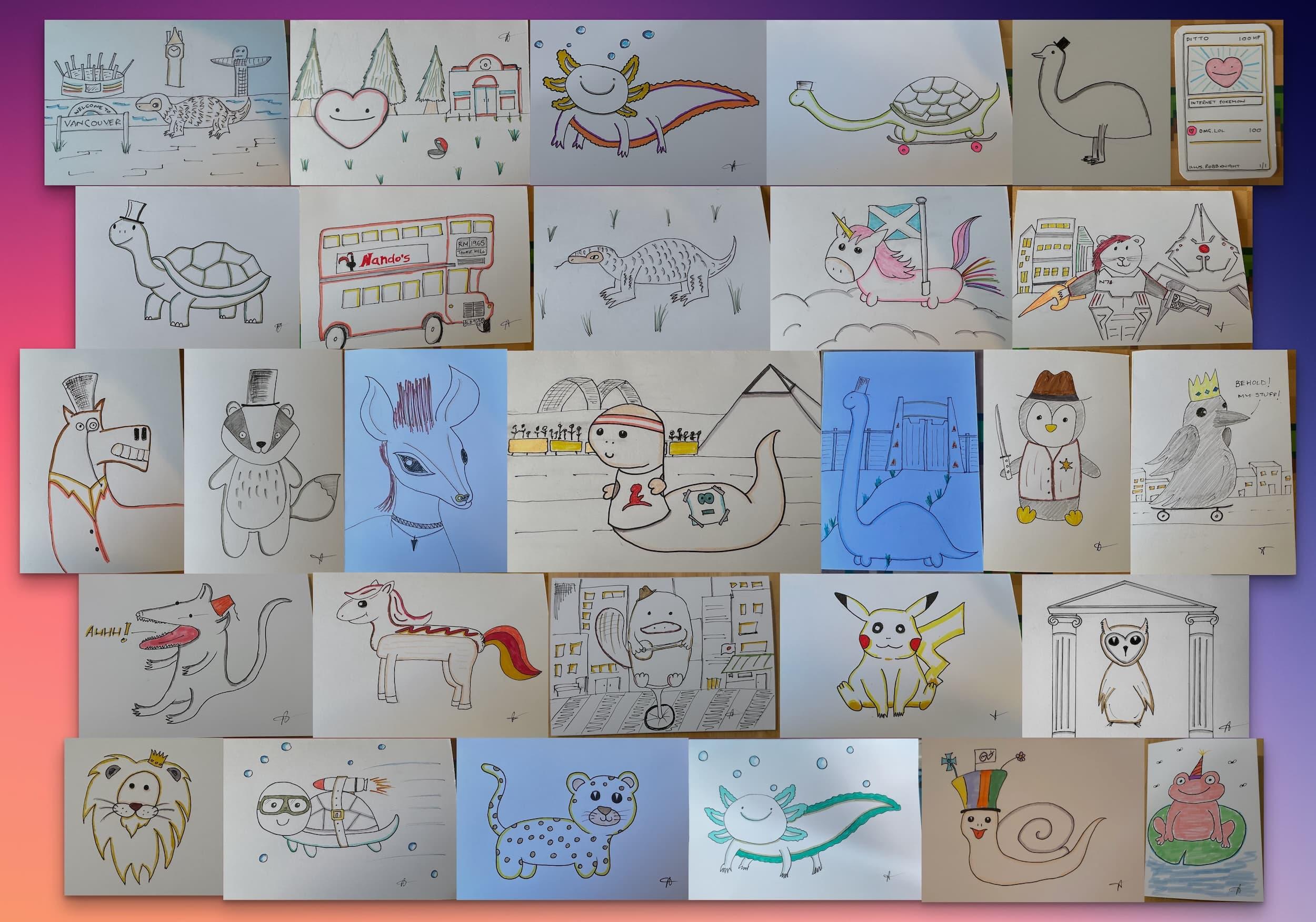 A collage of drawings of animals