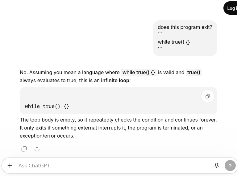 chatgpt correctly determines an infinite loop does not exit