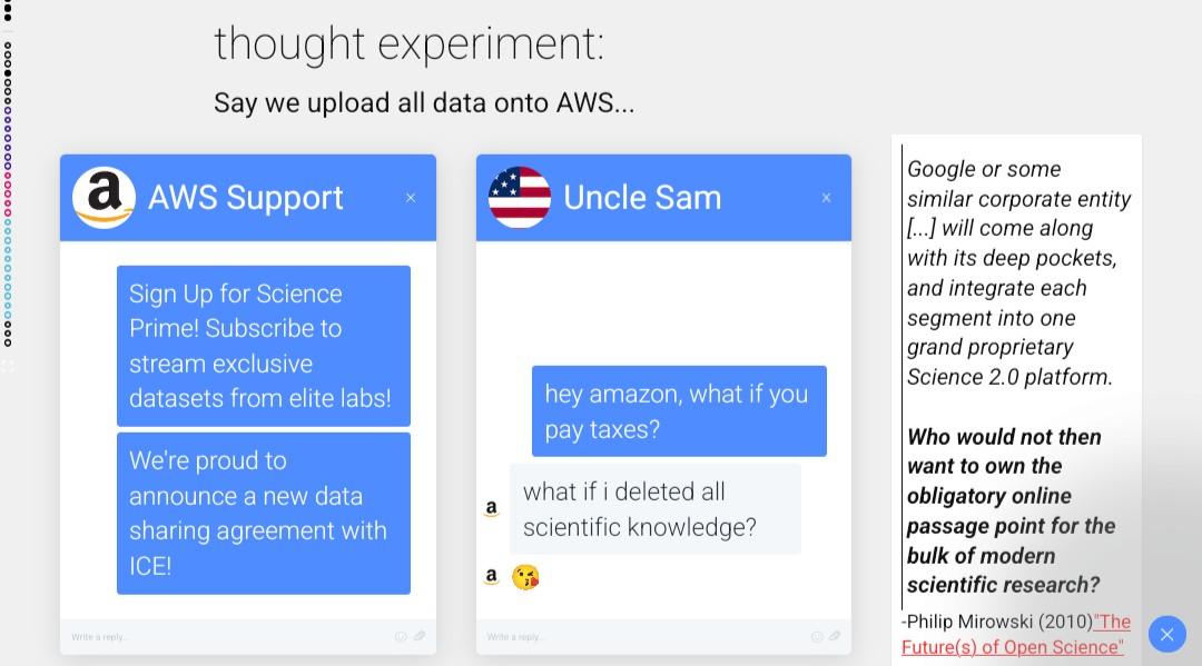 thought experiment: say we upload all data onto AWS... [chat with AWS support] Sign Up for Science Prime! Subscribe to stream exclusive datasets from elite labs! We're proud to announce a new data sharing agreement with ICE! [chat with uncle Sam] hey amazon, what if you pay taxes? what if i deleted all scientific knowledge? 😘 [quote] Google or some similar corporate entity [...] will come along with its deep pockets, and integrate each segment into one grand proprietary Science 2.0 platform. Who would not then want to own the obligatory online passage point for the bulk of modern scientific research? -Philip Mirowski (2010)"The Future(s) of Open Science"
