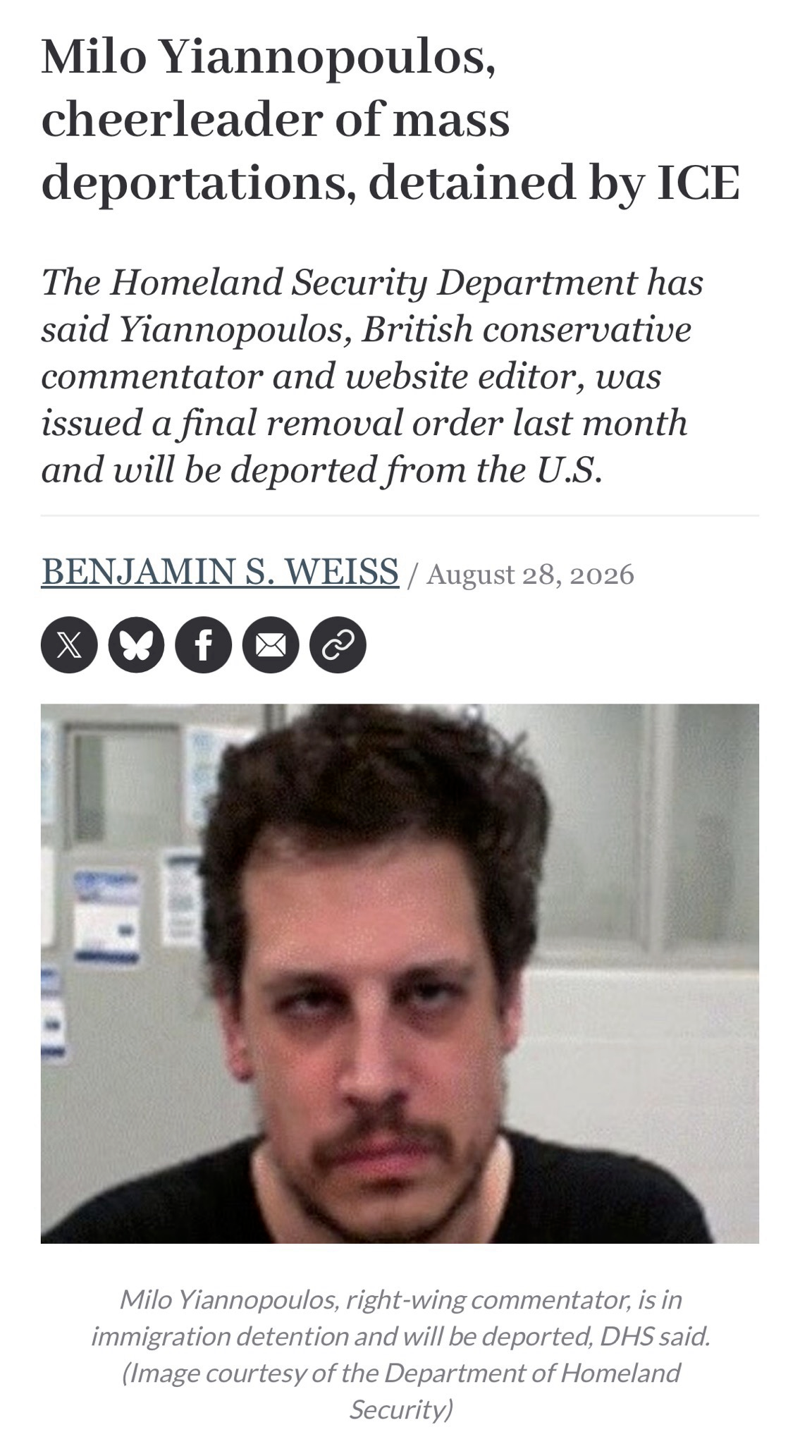 The recent news headline where we learn that Milo Yanniopolis, noted british conservative cheerleader for mass deportations, is getting deported.