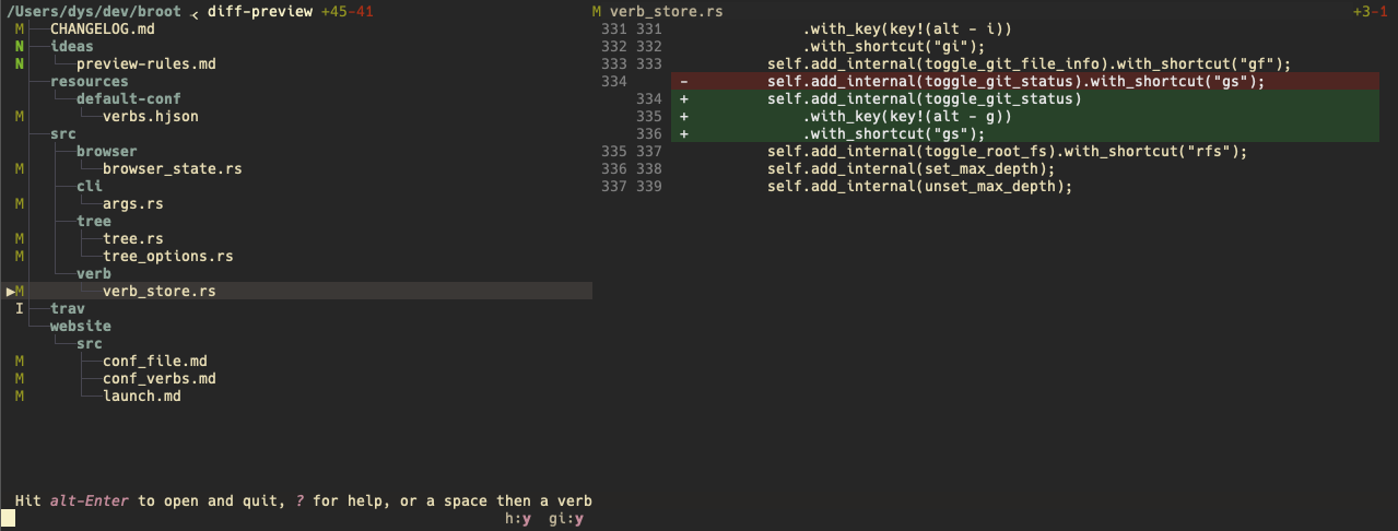 screenshot of broot with git statuses shown, and a file previewed as unified diff with lines around chunks