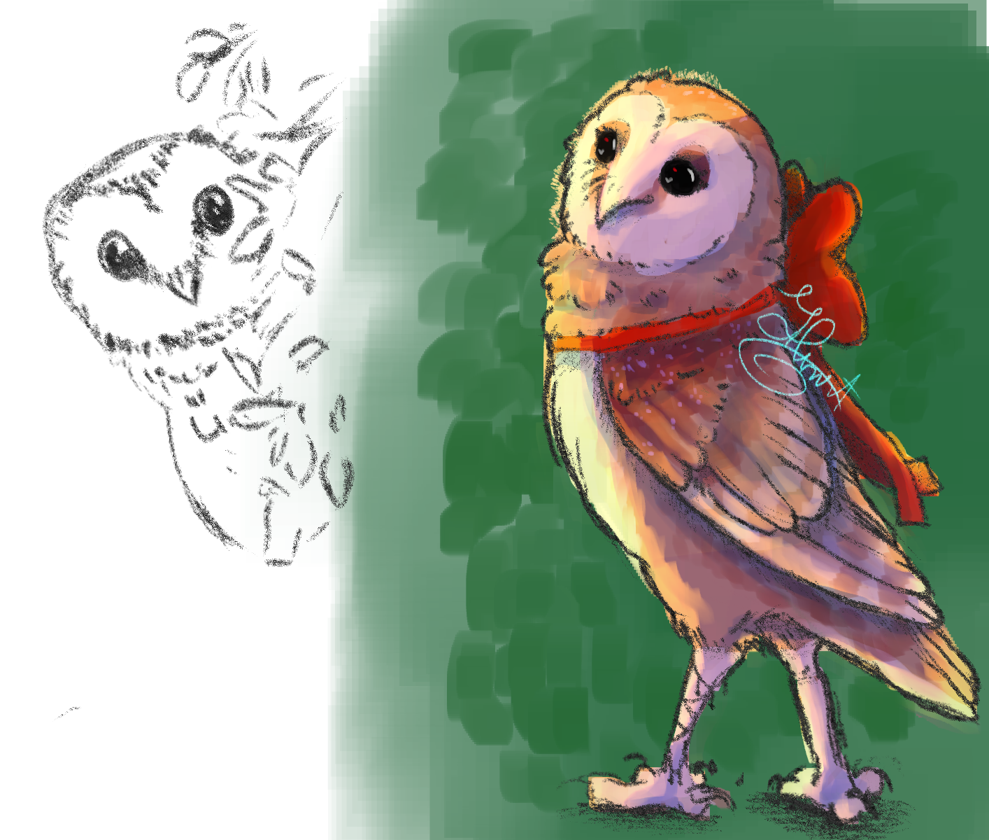 On the left some digital pencil like sketch of a barn owl peaking throught leafs. The right of the drawing is colored with a full body of a barn owl looking at the viewer and wearing a red bow tie around their neck.
