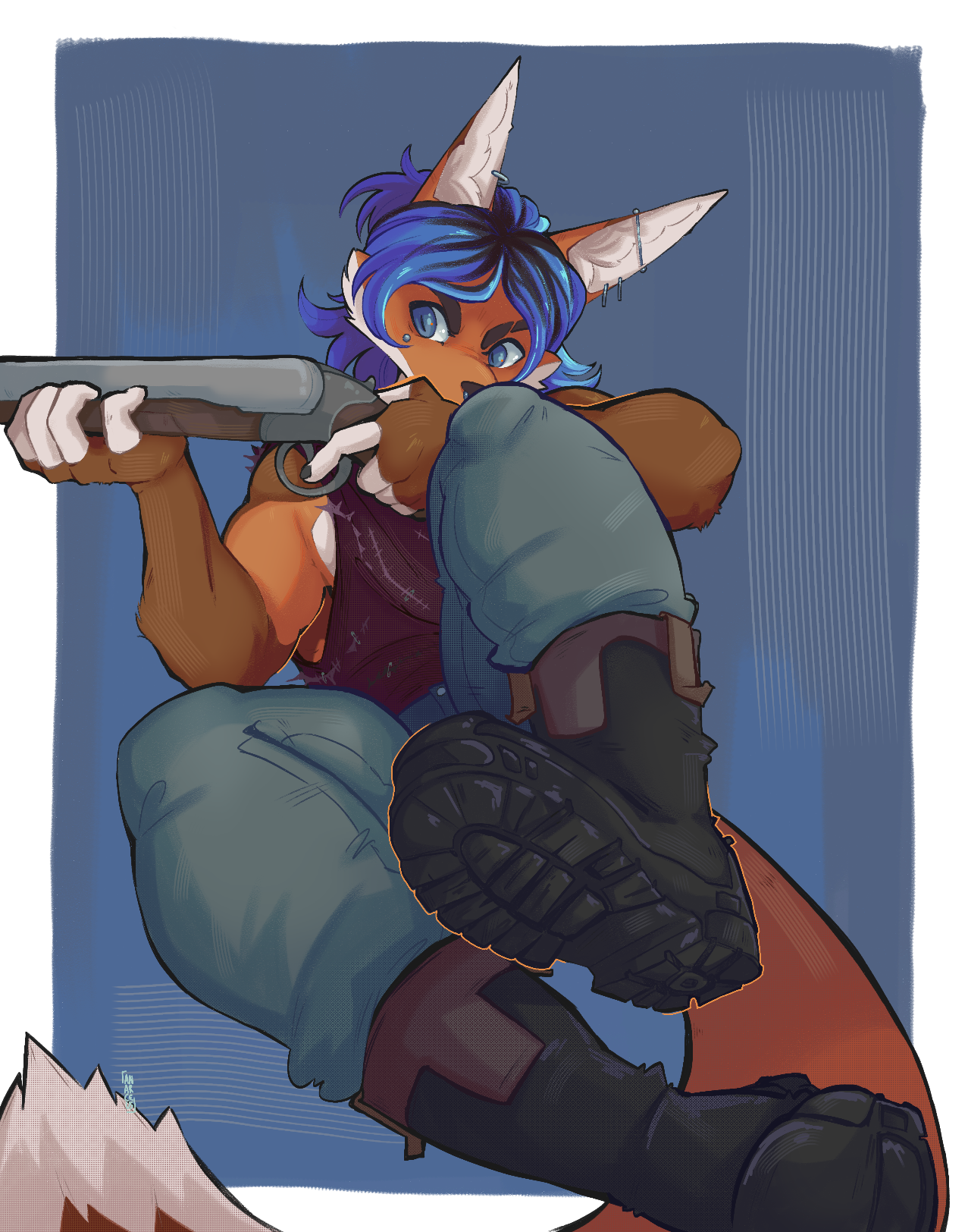 Art of an anthropomorphic red fox. His body is orange, with darker brownish areas covering his arms, besides the fingers, which are an off-white colour. His face is reddish orange with white on their lower jaw. His hair is blue, with black roots. It's shoulder-long and styled into a bun.  He's wearing teal jeans, a ripped and roughly patched dark red tank top, and black combat boots, and holding a shotgun. He's got multiple piercings, three in the left ear (industrial, two rings in the lobe), and one in the right (simple ring), as well as a teardrop piercing below his right eye and a septum piercing.  He's seated, leaning back and aiming his shotgun at something out of frame, glaring in that direction.  The background is a blue rectangle with multiple streaks of a rake brush across it, and a watermark in the bottom left corner reads "anarceus"