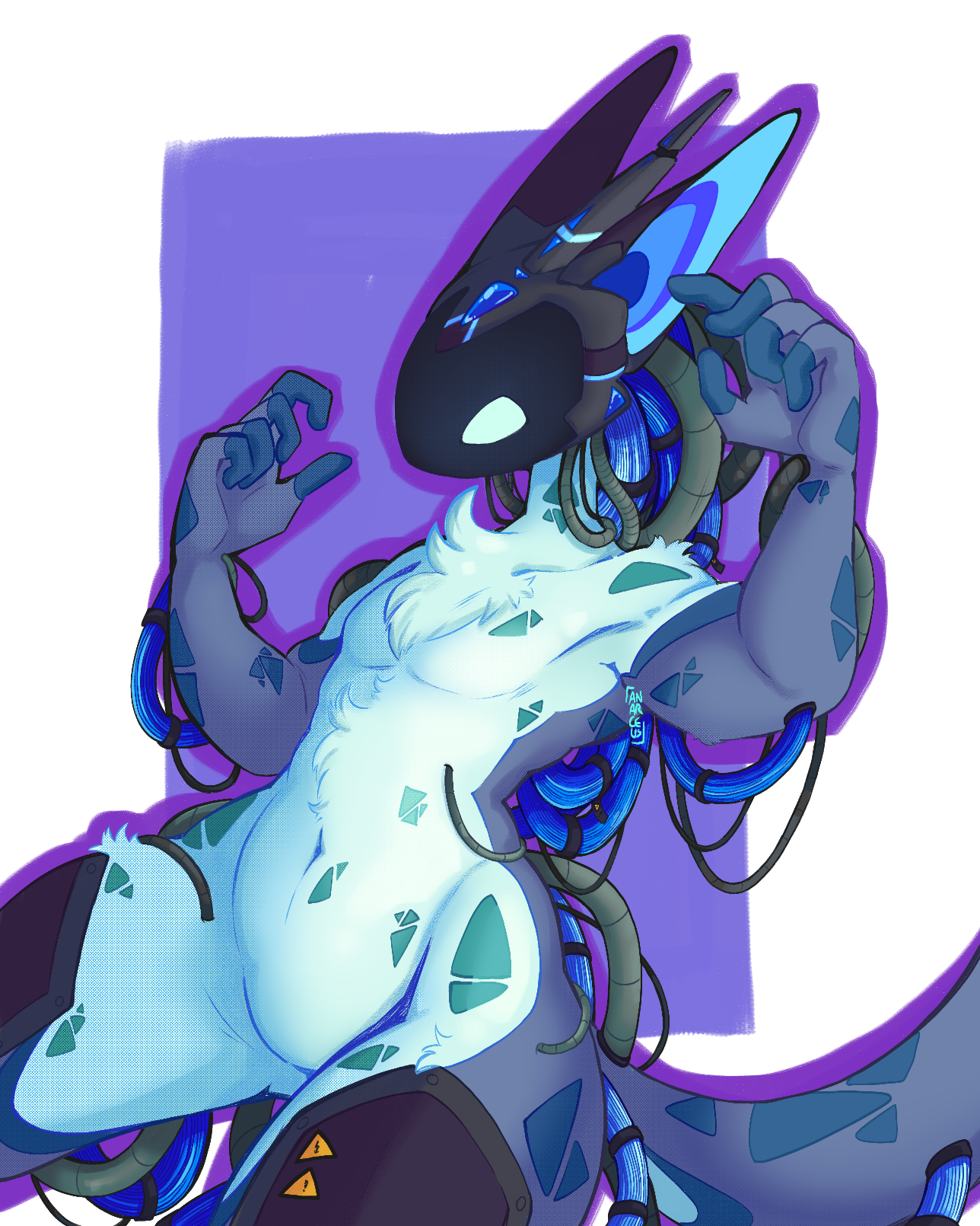 Art of an anthropomorphic cyborg creature.  Its head is mechanical, consisting of a visor, mechanical ears and an antennae. The visor is conical, displaying light blue LED eyes (though perspective only makes one visible). Its ears have light blue insides, and the antennae is facing to the back and mounted between the ears. Multiple thick, heavy cables are hanging out of its headpiece, numerous of them are not in a protective cable tube, but simply multiple thin, blue wires bound tightly into a cord by black straps. These cables run into its back. Numerous similar cables also run out of its back and into its ribcage, thighs, tail or upper arms. Cables coming from its arms run into the base of its wrists.  The actual body is organic and furry, with a muted lavender base colour and a bright light blue underbelly. Triangles are splattered across the whole torso, teal in colour over the light underbelly and a darker sky blue on the lavender parts.  Two metal plates are mounted to its thighs, with warning signs on them.  The background is a purple rectangle, and the whole creature is outlined purple. The image is watermarked, reading "anarceus