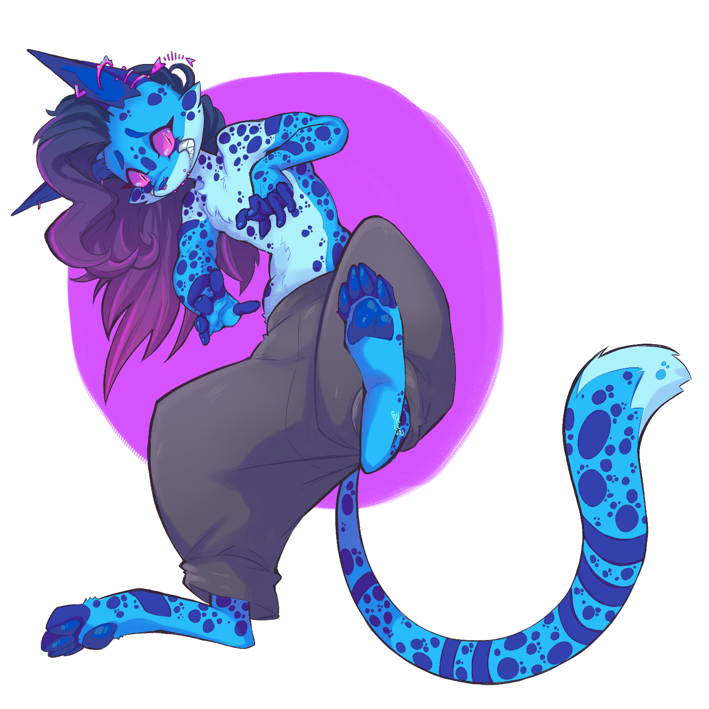 Art of an anthropomorphic electric blue cat critter mid-jump, viewed from below. Its base colour is electric blue with a lighter blue for its underbelly, and it's covered in purplish-blue spots and stripes. It's fingers and toes are also blueish, and its tail has a light-blue tip.  It has long, sideshave hair, several piercings in its ears, nose and lips, and shark-like teeth. The piercings in its ears consist of two rings and one stud in its left lobe, a spikey conch piercing and a triangular rook piercing. One of the rings in its lobe has a fishbone attached to it. Its lip piercings are all vertical labrets, two on the top in the style of angel fangs, and one in the bottom. It has two spikey study in its nostrils and one septum. Every piercing is made of a bright pink metal. Its eyes are a hot pink with small, vertical pupils, and it's grinning down at the viewer. It's wearing baggy greyish pants. There's a purple circle for a background. The image is watermarked to read "anarceus"