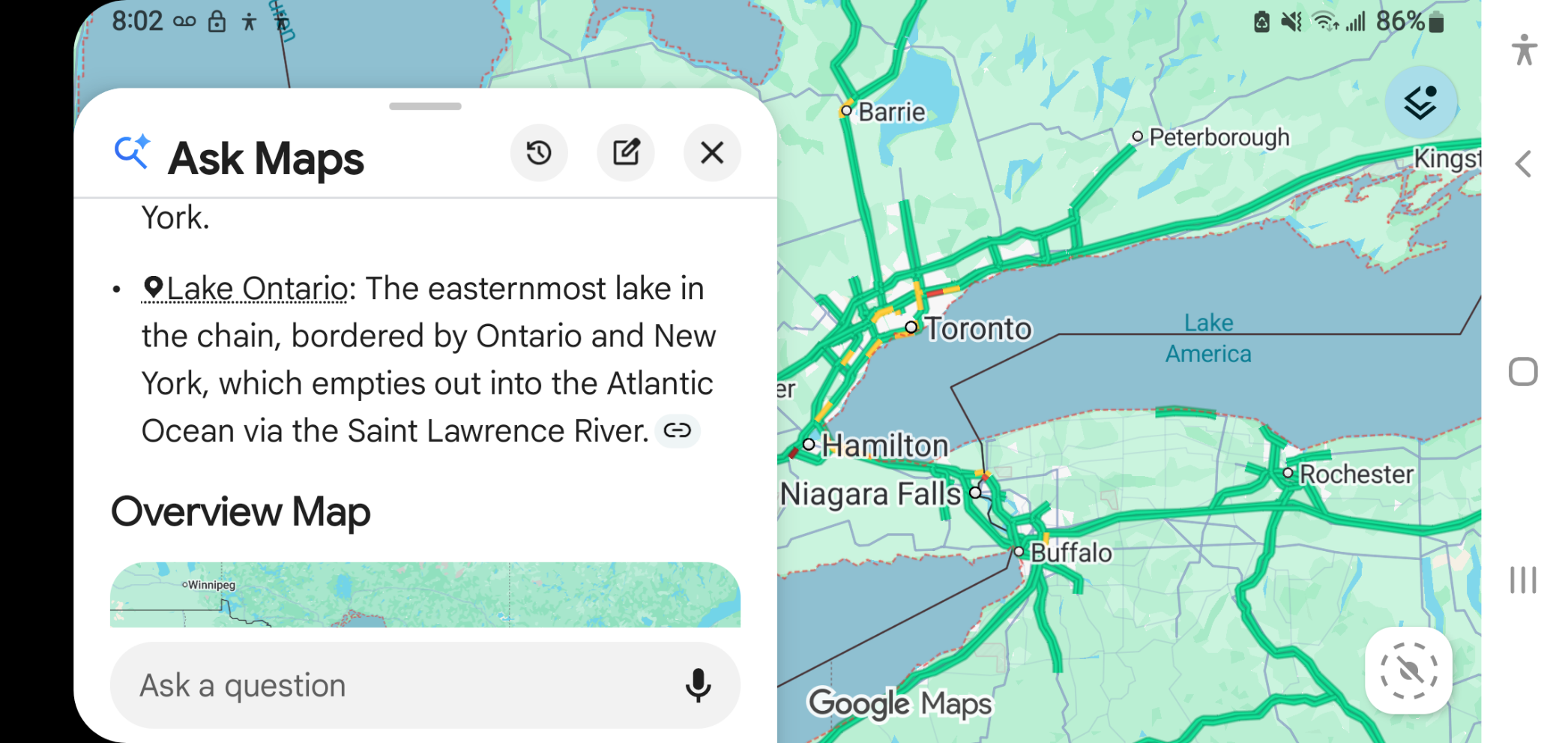 A map of Canada and New York showing Toronto, Hamilton and Niagara Falls and then it says Lake America instead of Lake Ontario. On the left it shows Lake Ontario underneath the category of Ask Maps and it reads "The easternmost lake the chain bordered by Ontario and New York which empties out into the Atlantic Ocean via the Saint Lawrence river.