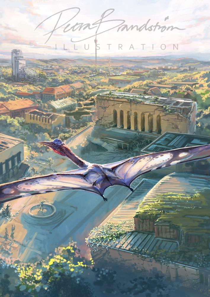 Digital painting "Quetzalcoatlus över Götaplatsen" (2024) by Petra Brandström. Top view of a Quetzalcoatlus flying over a post apocalyptic Göteborg, Sweden. Tthe sun hits the dinosaur's wings and lights the ruins of the art museum from behind, shadow falling over the headless Poseidon statue. Artwork is an illustration for upcoming Swedish role playing game DINOSPLOATATION by Tobias Hadin.