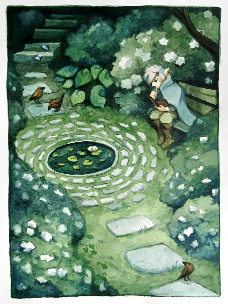Watercolor painting of a garden path, with a sitting spot around a small circular pond. Blanche is sitting on the bench and writing in a notebook while birds hop between the white-blooming shrubs.