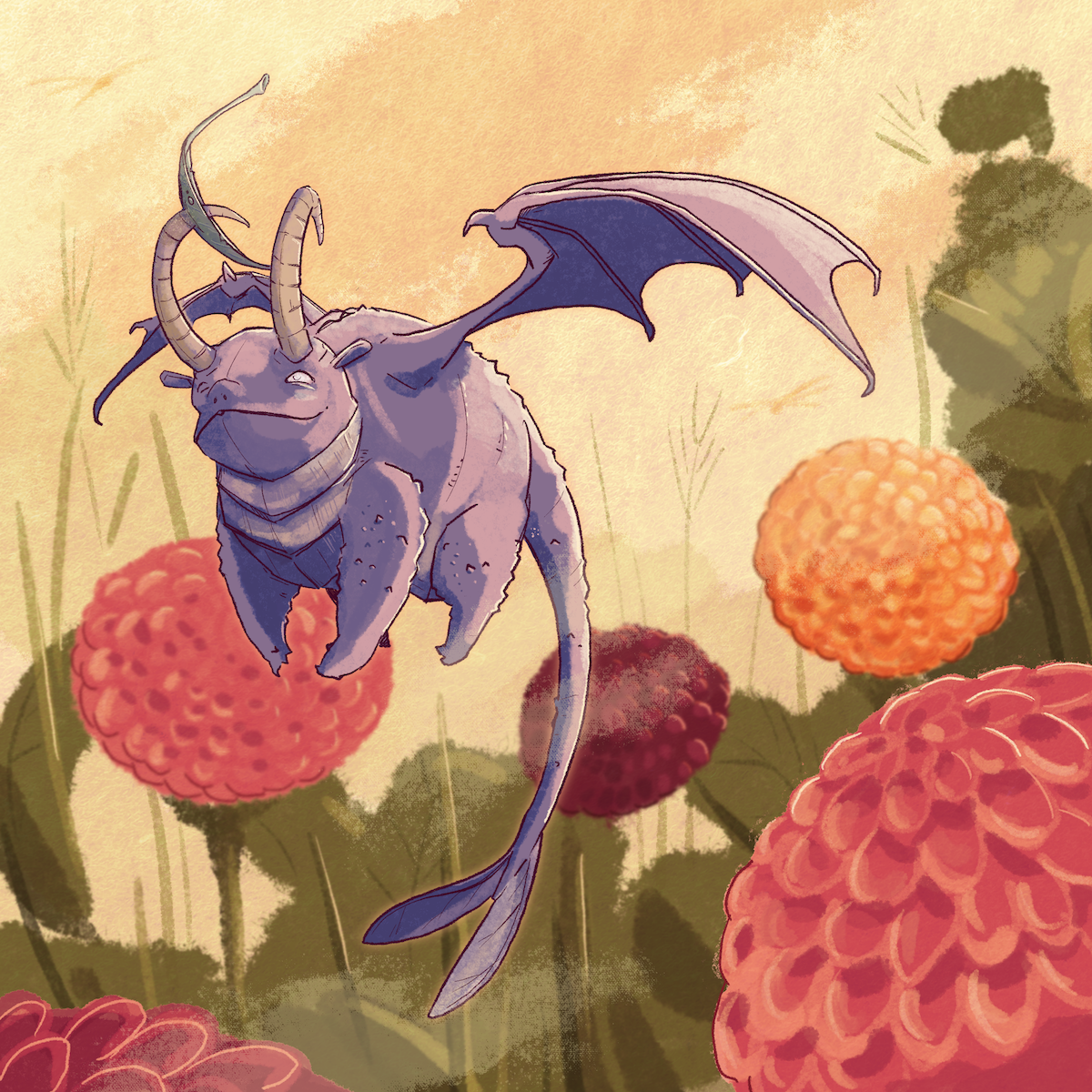 a small purple dragon is flying among some dahlias