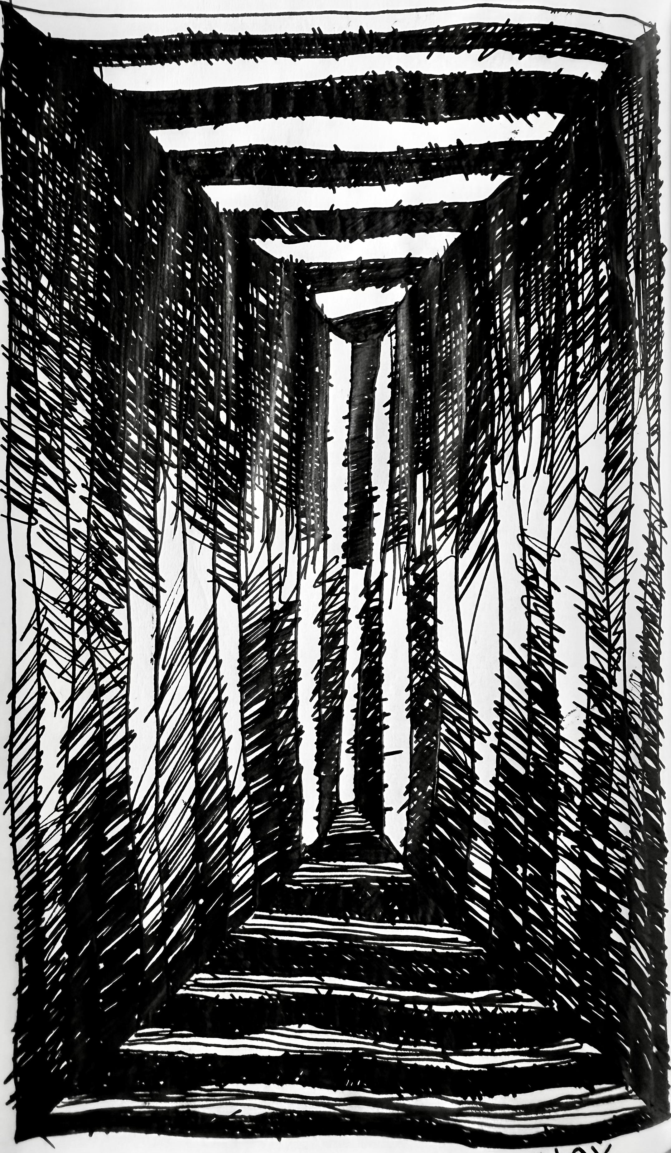 Black-and-white ink sketch of a long, narrow corridor with repeating rectangular frames, deep shadows, and jagged lines