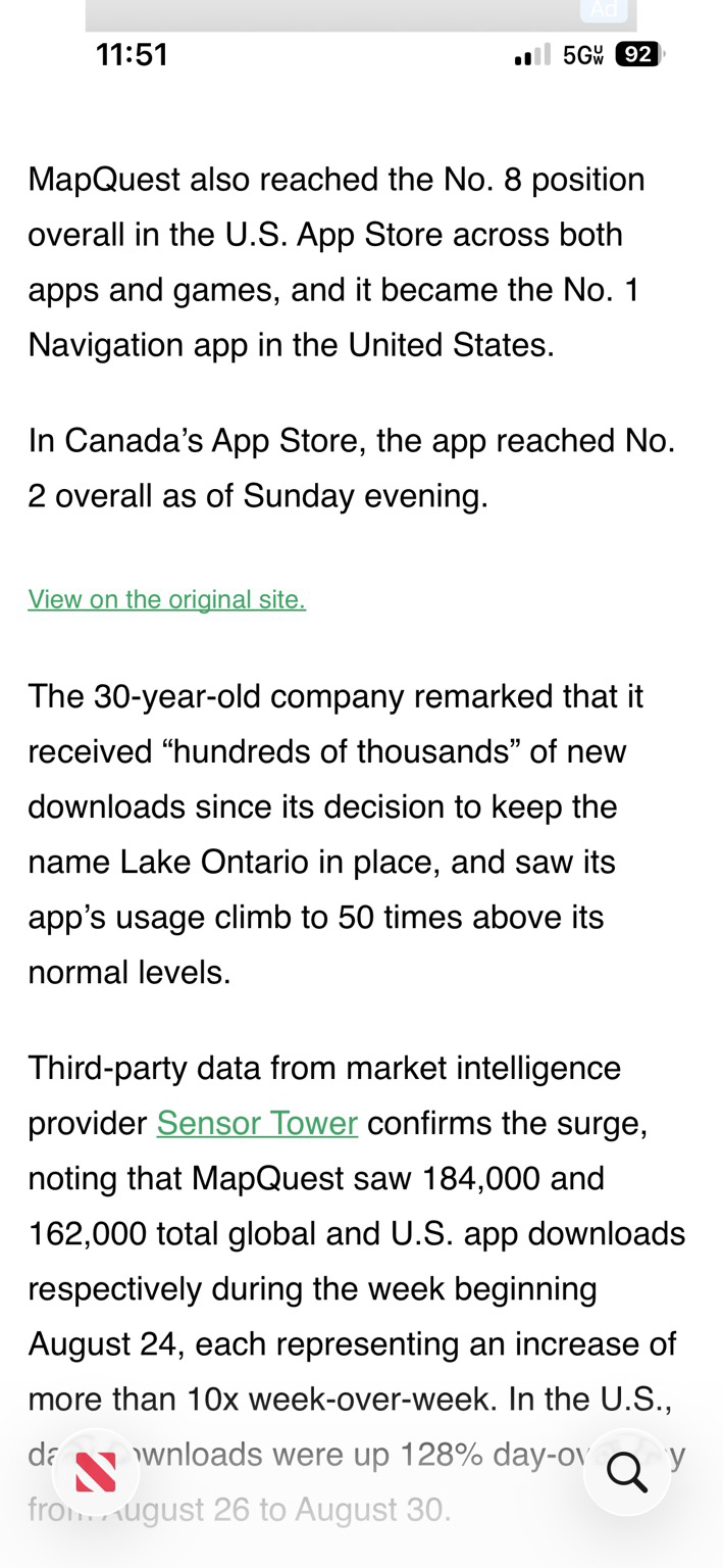 Mapquest 8th in USA and 2nd in Canada