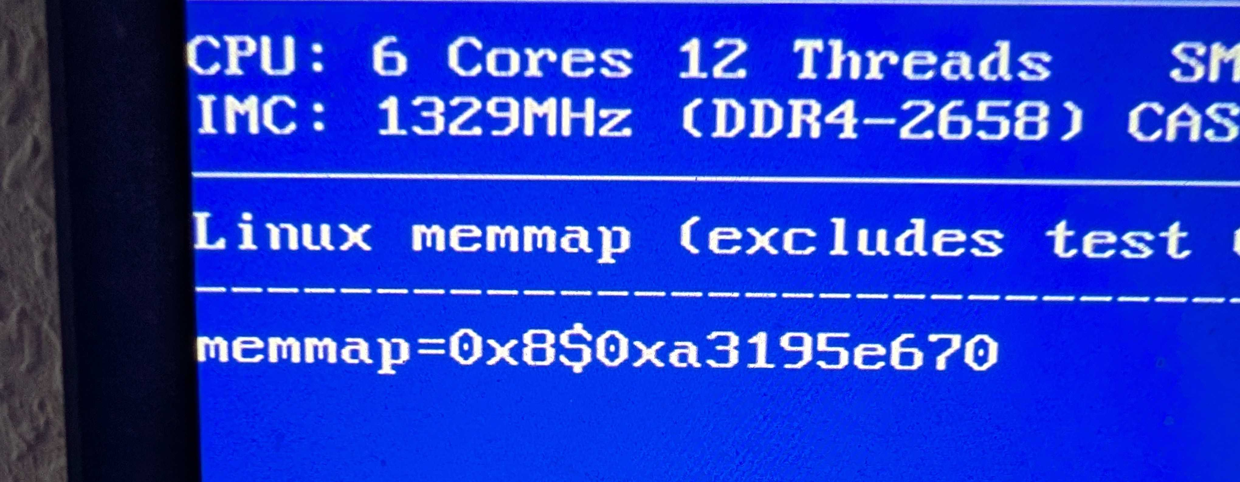 memtest86+ showing its linux memmap error output, identifying 0x8$0xa3195e670 as the length and range to reserve using the memmap kernel parameter