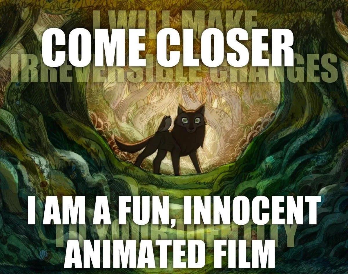 Mebh Óg MacTíre in her wolf form surrounded by forest with the caption "Come closer. I am a fun, innocent animated film." And with a hidden caption behind it that read "I will make irreversible changes to your identity."