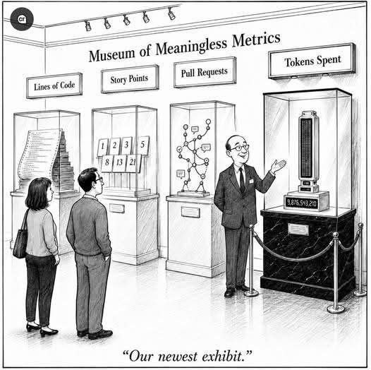 Photo of a couple visiting The Museum of Meaningless Metrics. There are four exhibits visible - Lines of Code, Story Points, Pull requests and finally Tokens Spent. A museum guide is pointing to the Tokens Spent exhibit and saying “Our newest exhibit”.