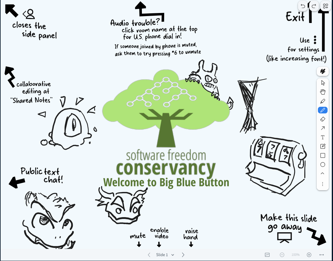 Some doodles on Conservancy's Big Blue Button shared whiteboard. A couple of lizardy friens, a slime, a triangular cloaked friend (???), someone hanging off a tree, and a pretty bad looking slot machine
