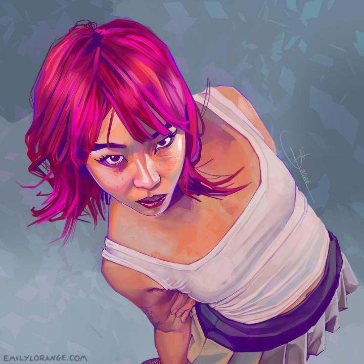 a digital painting of a woman looking straight at the camera. she is learning towards the viewer, with her arms behind her back. Her hair is dyed bright pink and falls around her face and shoulders. She is wearing a white tank top and grey pleated skirt with a black waistband. the background around her is a cool grey. The colors are slightly unnatural, with the shadows leaning into purple.