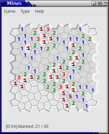 A game of Mines in progress on the "Cairo" tiling of irregular pentagons.