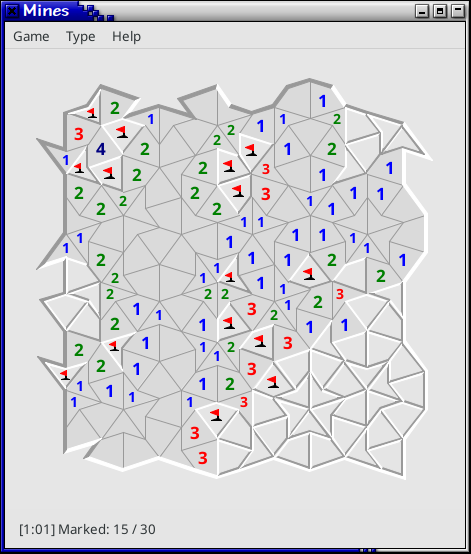 A game of Mines in progress on a Penrose P2 tiling of kites and darts.