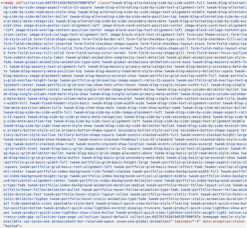 HTML code showing the Body opening tag. It has a class attribute with so many values that it fills the entire screen.