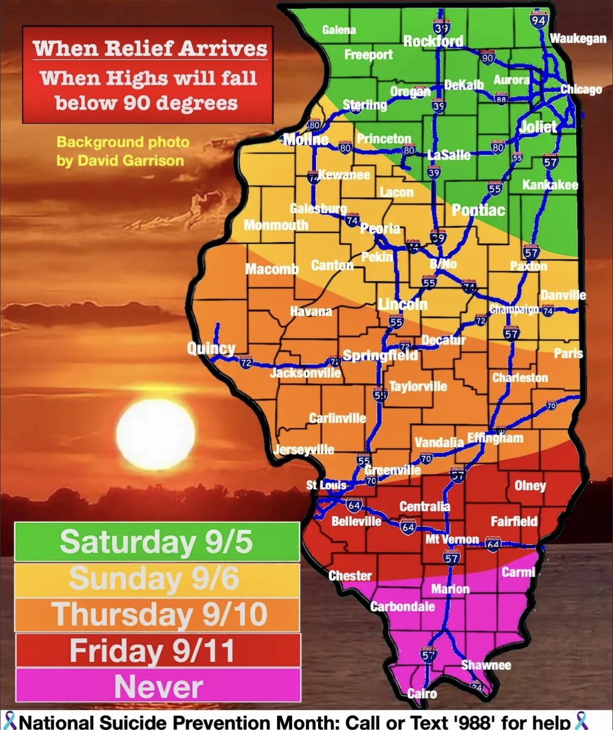 Map of Illinois showing when the current 90+ heatwave is supposed to end for each region. Ranges from 9/5 at the top to “never” at the bottom, because the heatwave continues through the entire 10-day forecast for southern IL.