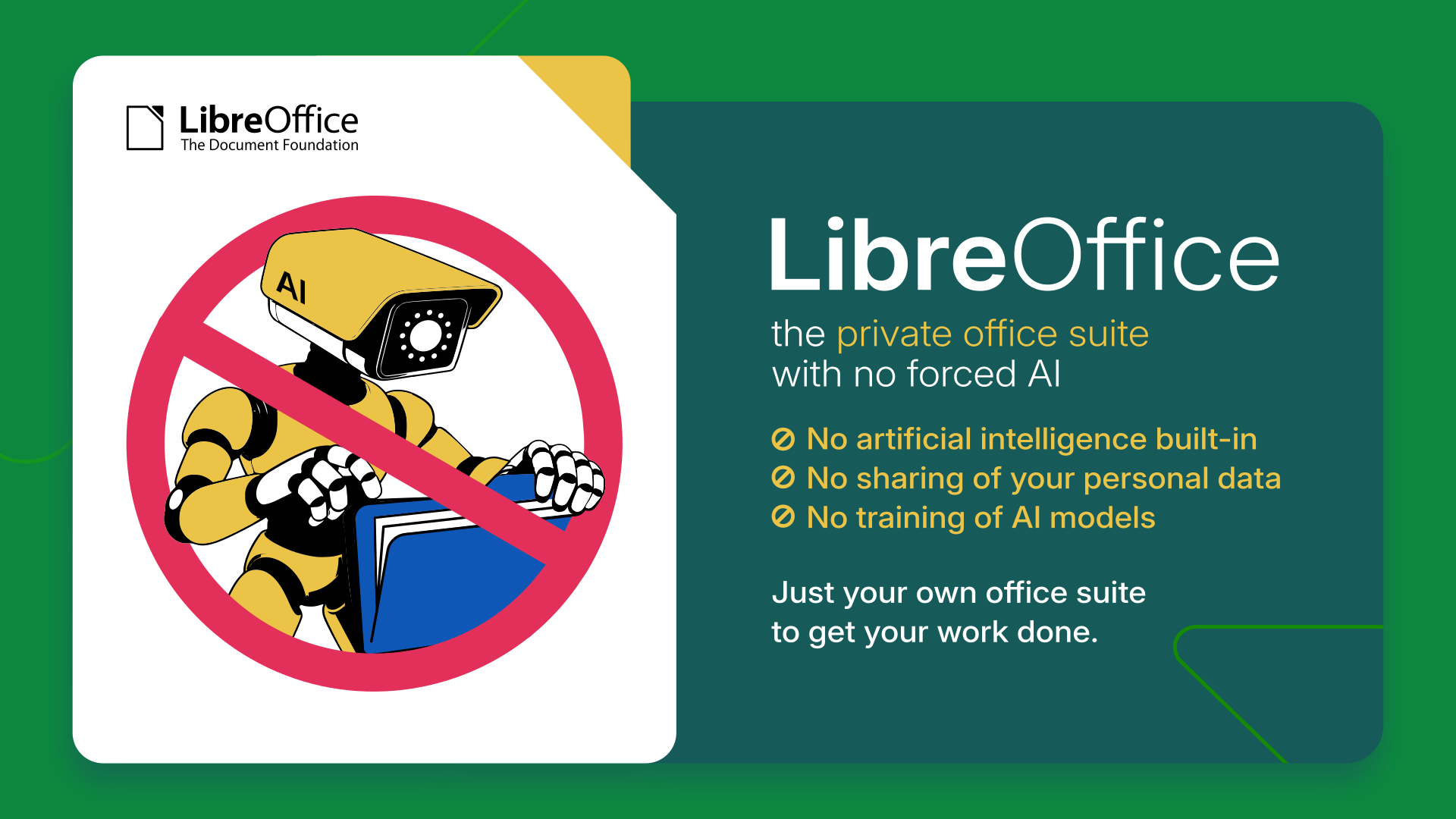 Banner saying that LibreOffice is the private office suite with no forced AI