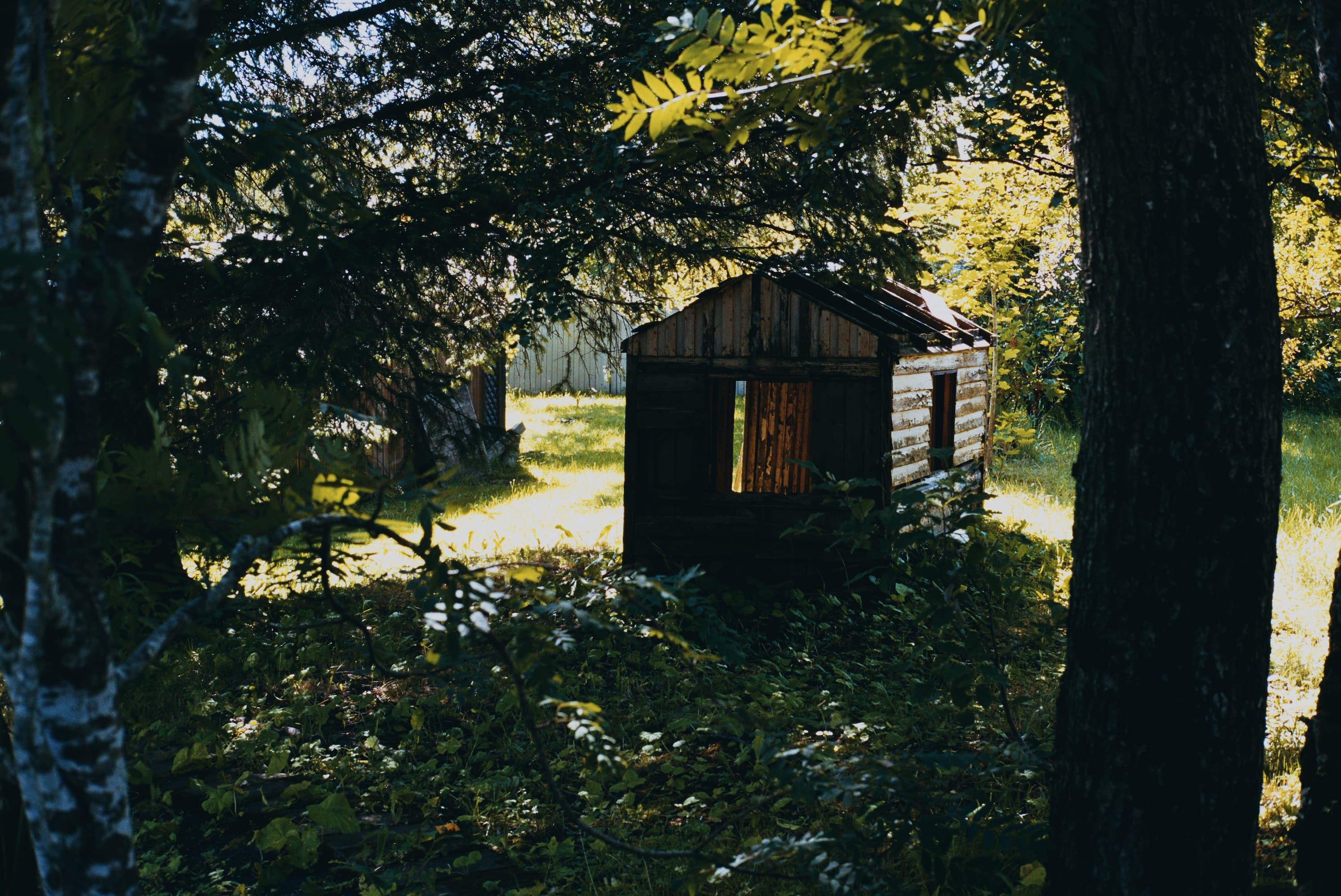 A broken down shed in a garden. Probably built for children.