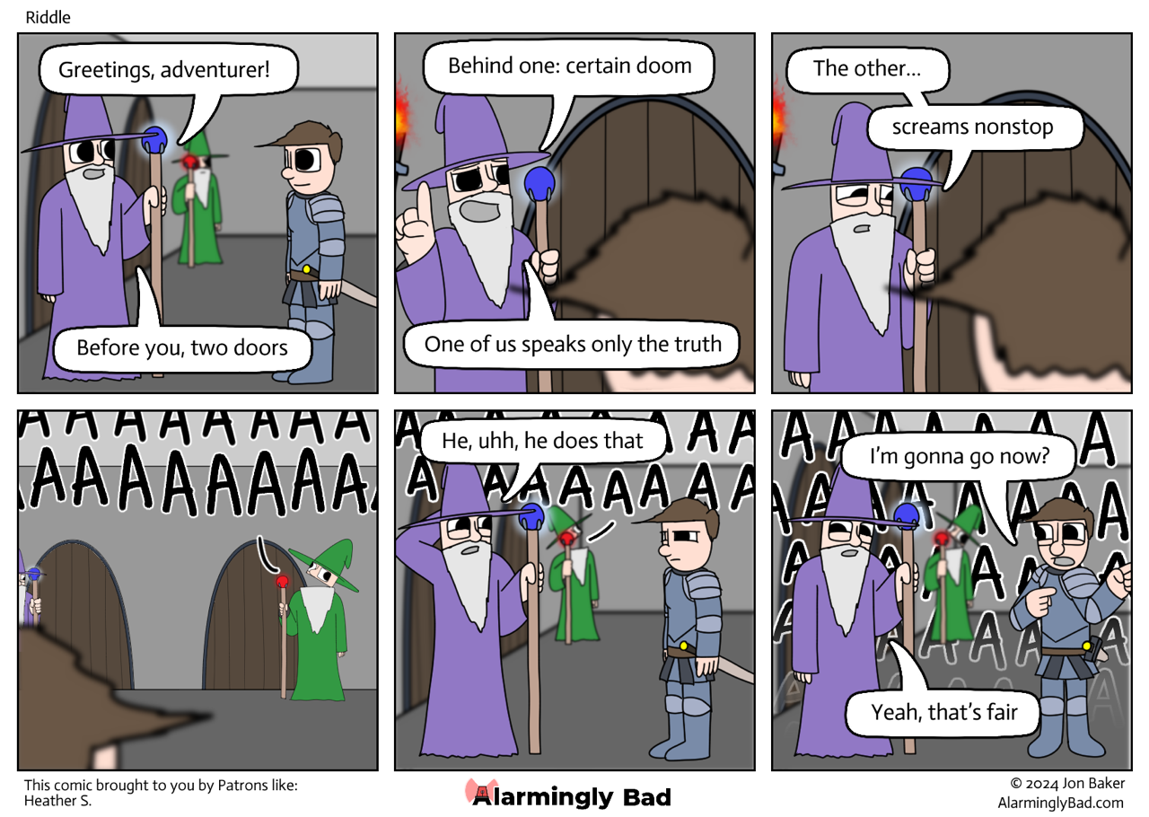 Alarmingly Bad comic about an adventurer trying to figure out which door to go through