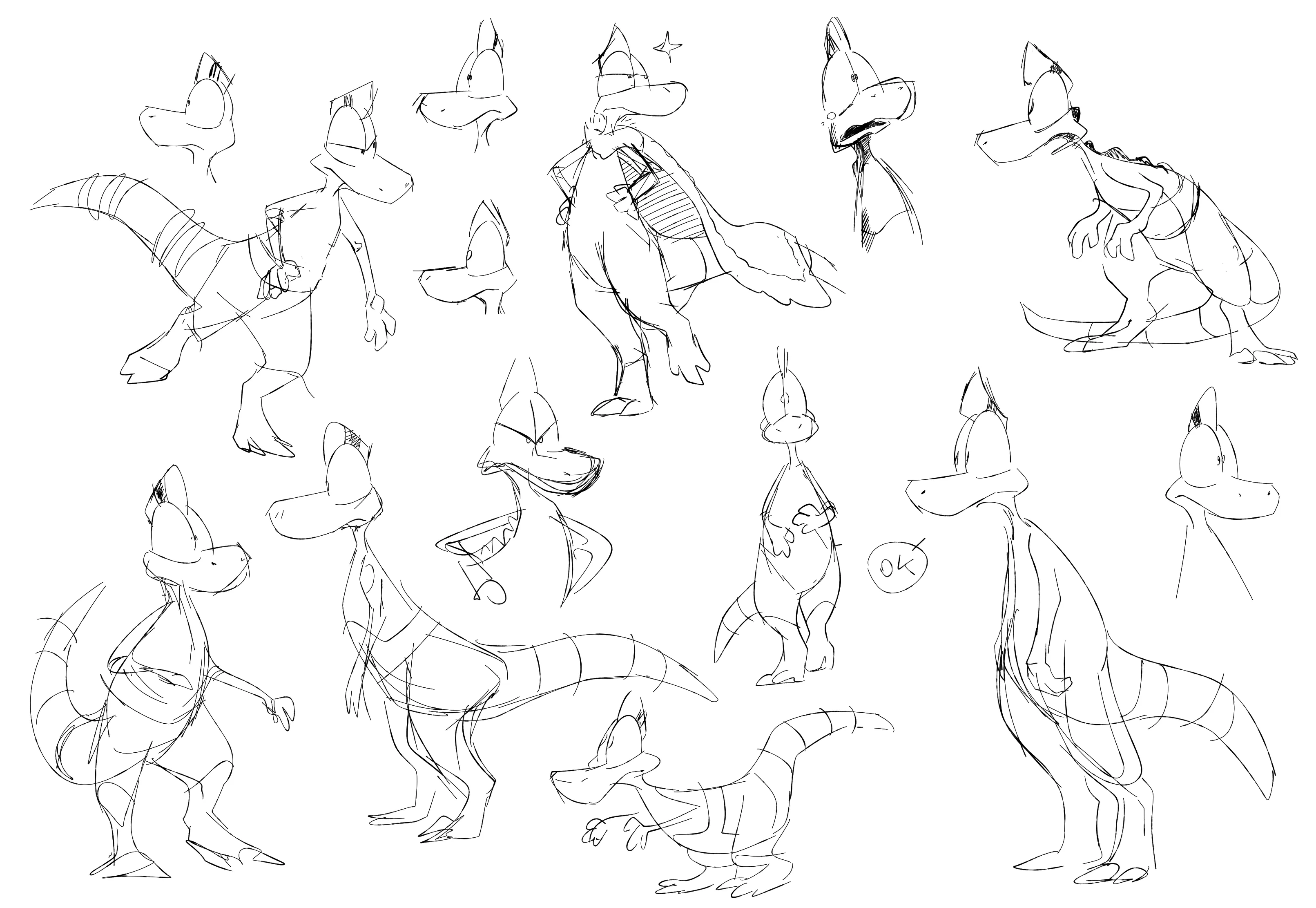 Zid the dinosaur character exploration sketches, in black and white