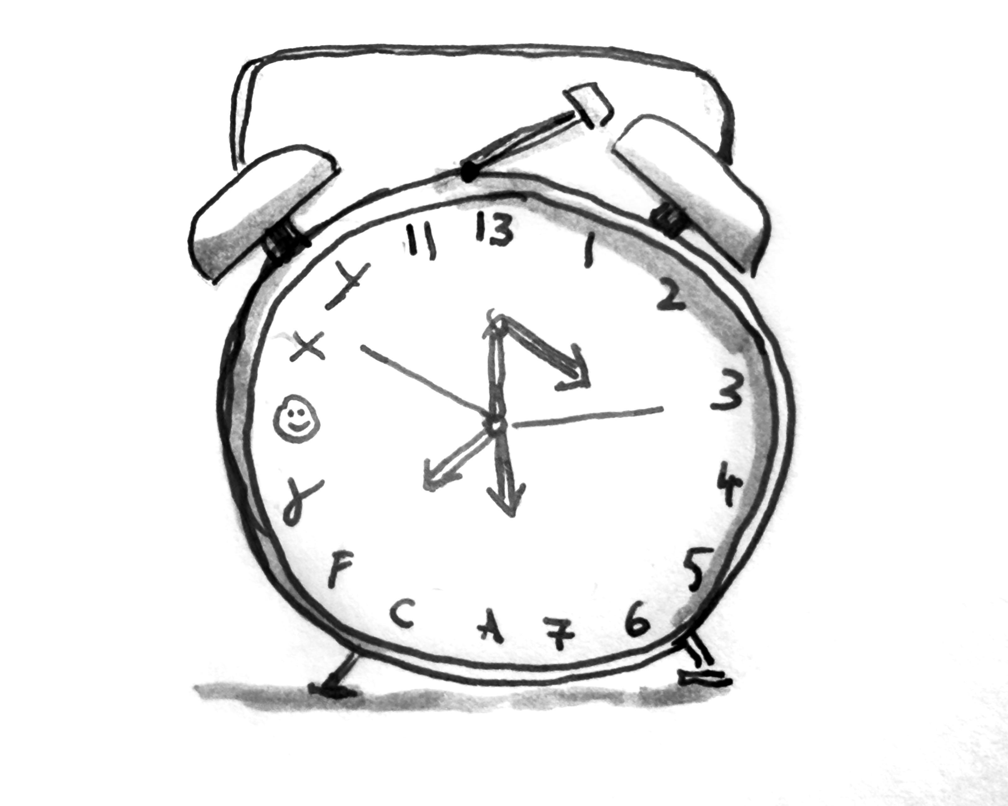 Ink sketch of a dodgy clock for the Inktober52 2026 prompt βWonkyβ.