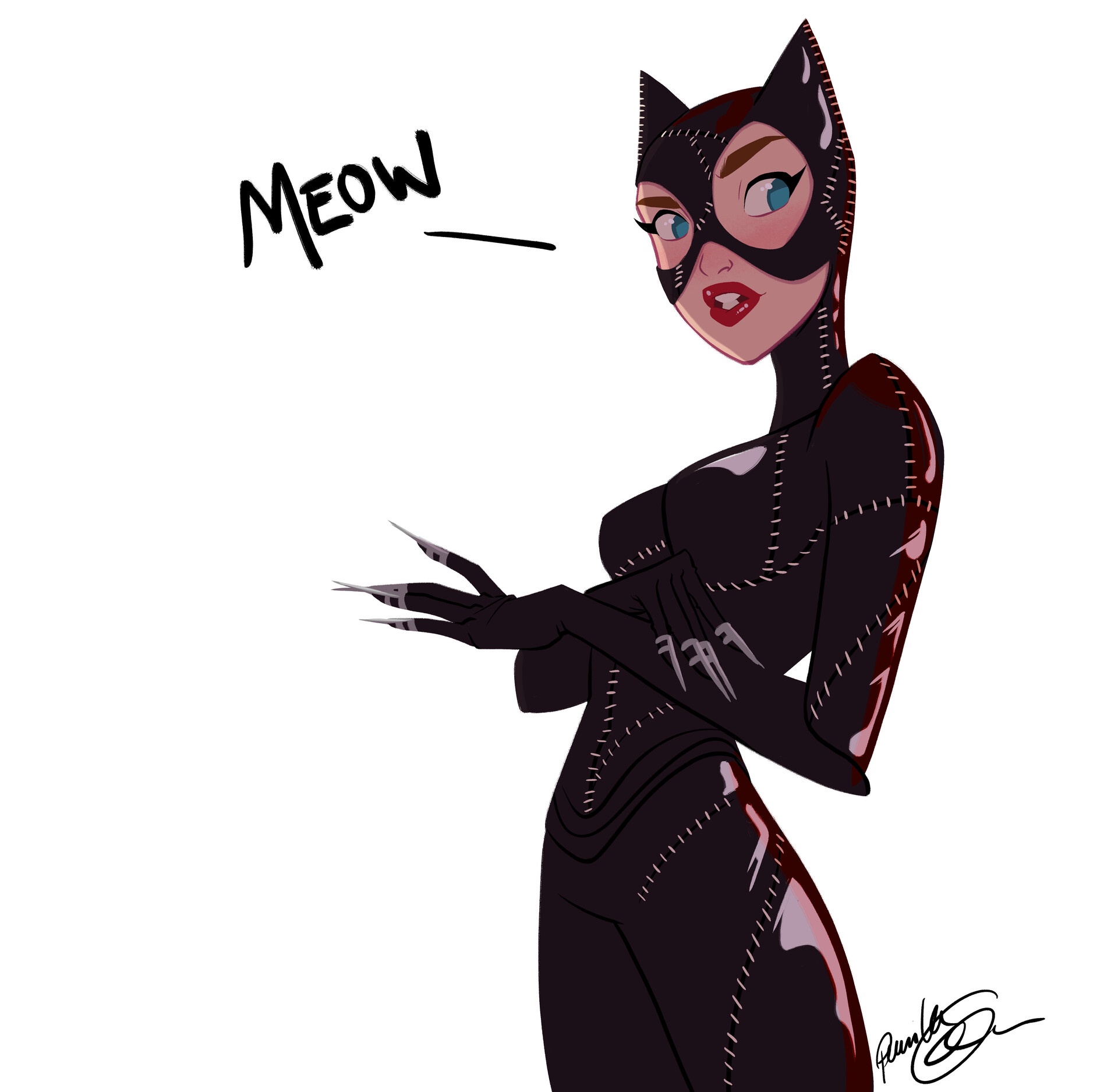 MEoW! Picture of Catwoman in her self made signature cat suit with tail and mask meowing.