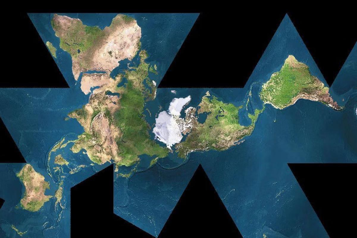 A Dymaxion map, centered on the north pole, with the continents extending radially from it.