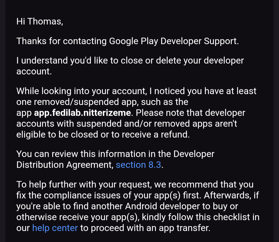 Screenshot of an email from Google Play Developer Support, showing the paragraph that recommends fixing app compliance issues first, then finding another developer to transfer the app to before the account can be closed.