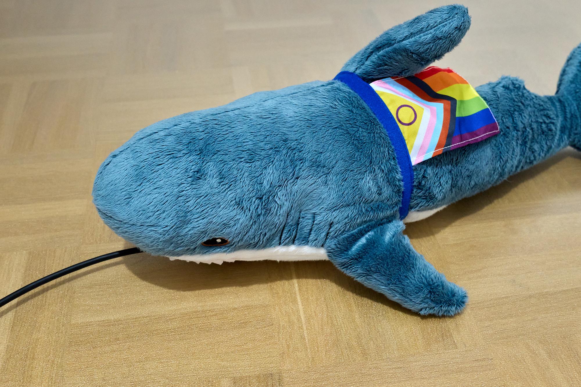 A photo of a Blahaj laying on the floor, with a black ethernet cable going into their mouth. Wire-shark... get it??? Oh, also, the Blahaj is wearing a cape - the intersex-inclusive pride flag on a blue velcro ribbon.