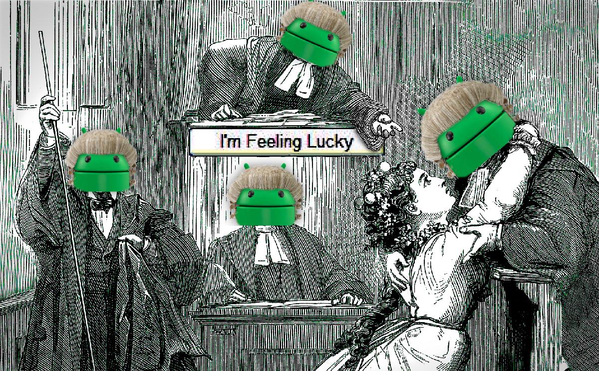 A woodcut engraving of a courtroom scene in which the divorcee has thrown herself into the arms of one of the lawyers and they are about to kiss. The image has been altered: the heads of the judge, the court clerk and both lawyers have been replaced by green Android 'droid' mascots in judicial powdered wigs. The judge's bench sports a pixelated, 1998-era 'I'm feeling lucky' Google button.