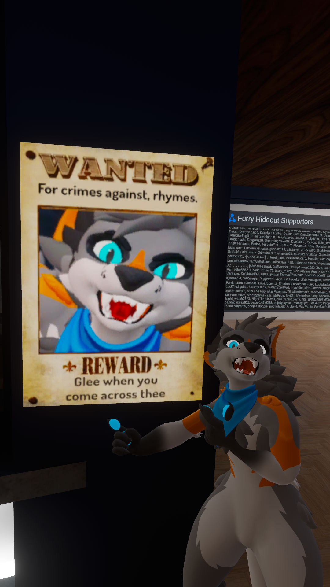 me standing next to a poster in Furry Hideout (VRChat) that says: "WANTED / For crimes against, rhymes. / REWARD / Glee when you come across thee"
