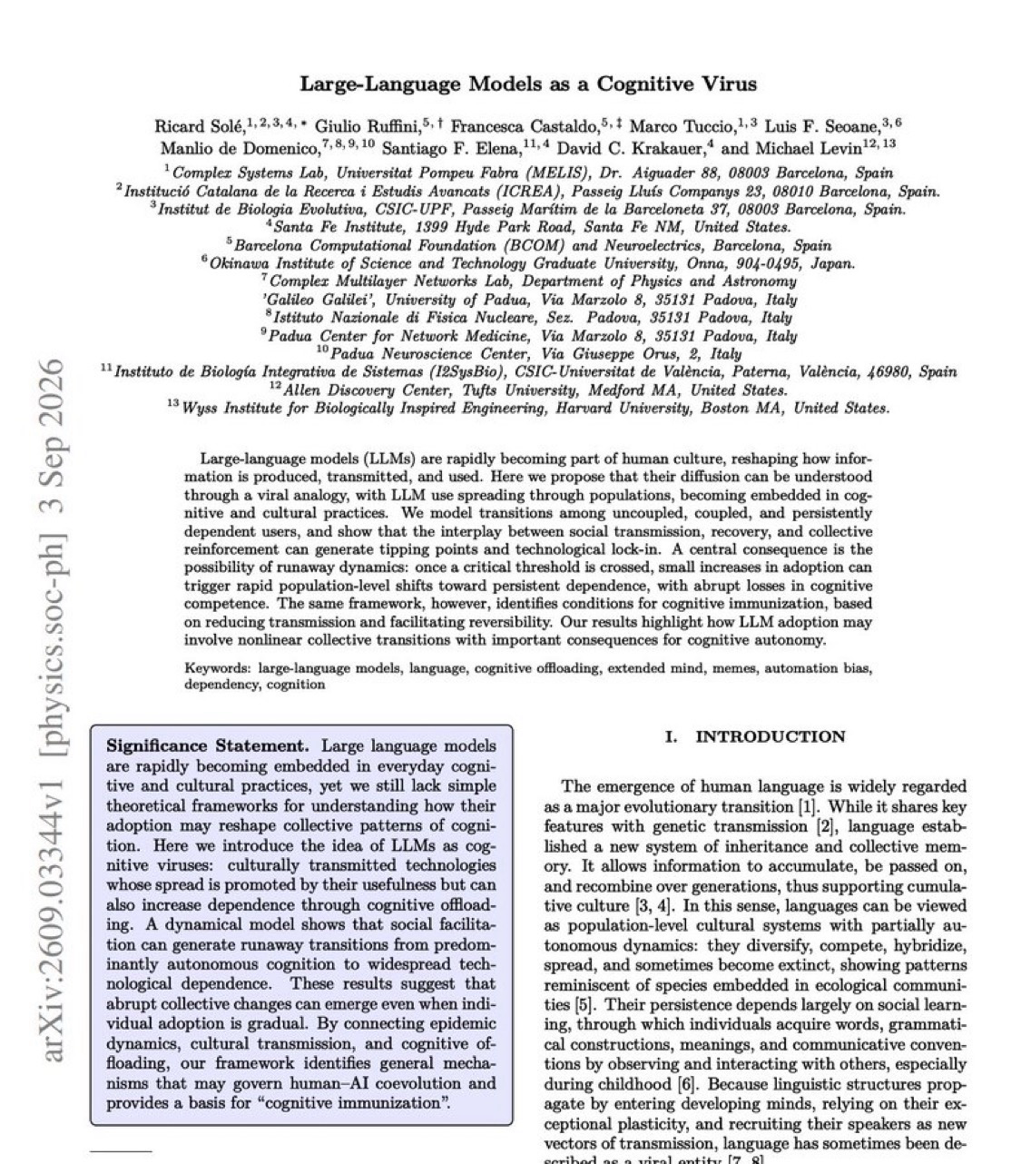 Abstract  Large-language models (LLMs) are rapidly becoming part of human culture, reshaping how information is produced, transmitted, and used. Here we propose that their diffusion can be understood through a viral analogy, with LLM use spreading through populations, becoming embedded in cognitive and cultural practices. We model transitions among uncoupled, coupled, and persistently dependent users, and show that the interplay between social transmission, recovery, and collective reinforcement can generate tipping points and technological lock-in. A central consequence is the possibility of runaway dynamics: once a critical threshold is crossed, small increases in adoption can trigger rapid population-level shifts toward persistent dependence, with abrupt losses in cognitive competence. The same framework, however, identifies conditions for cognitive immunization, based on reducing transmission and facilitating reversibility. Our results highlight how LLM adoption may involve nonlinear collective transitions with important consequences for cognitive autonomy.