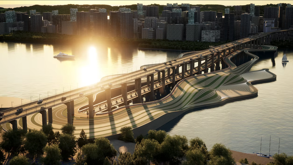 it's the banpo/jamsu bridge in seoul, except there is like a whacky wavy pedestrian extension that's like 6 car lanes wide splitting off in random directions, undulating unnecessarily. i don't know how to describe it better than that, it would just be ridiculously expensive to build this when a simple two lane walkway would do and i believe already exists