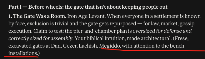 1. The Gate Was a Room. Iron Age Levant. When everyone in a settlement is known by face, exclusion is trivial and the gate gets repurposed — for law, market, gossip, execution. Claim to test: the pier-and-chamber plan is oversized for defense and correctly sized for assembly. Your biblical intuition, made architectural. (Frese; excavated gates at Dan, Gezer, Lachish, Megiddo, with attention to the bench installations.)