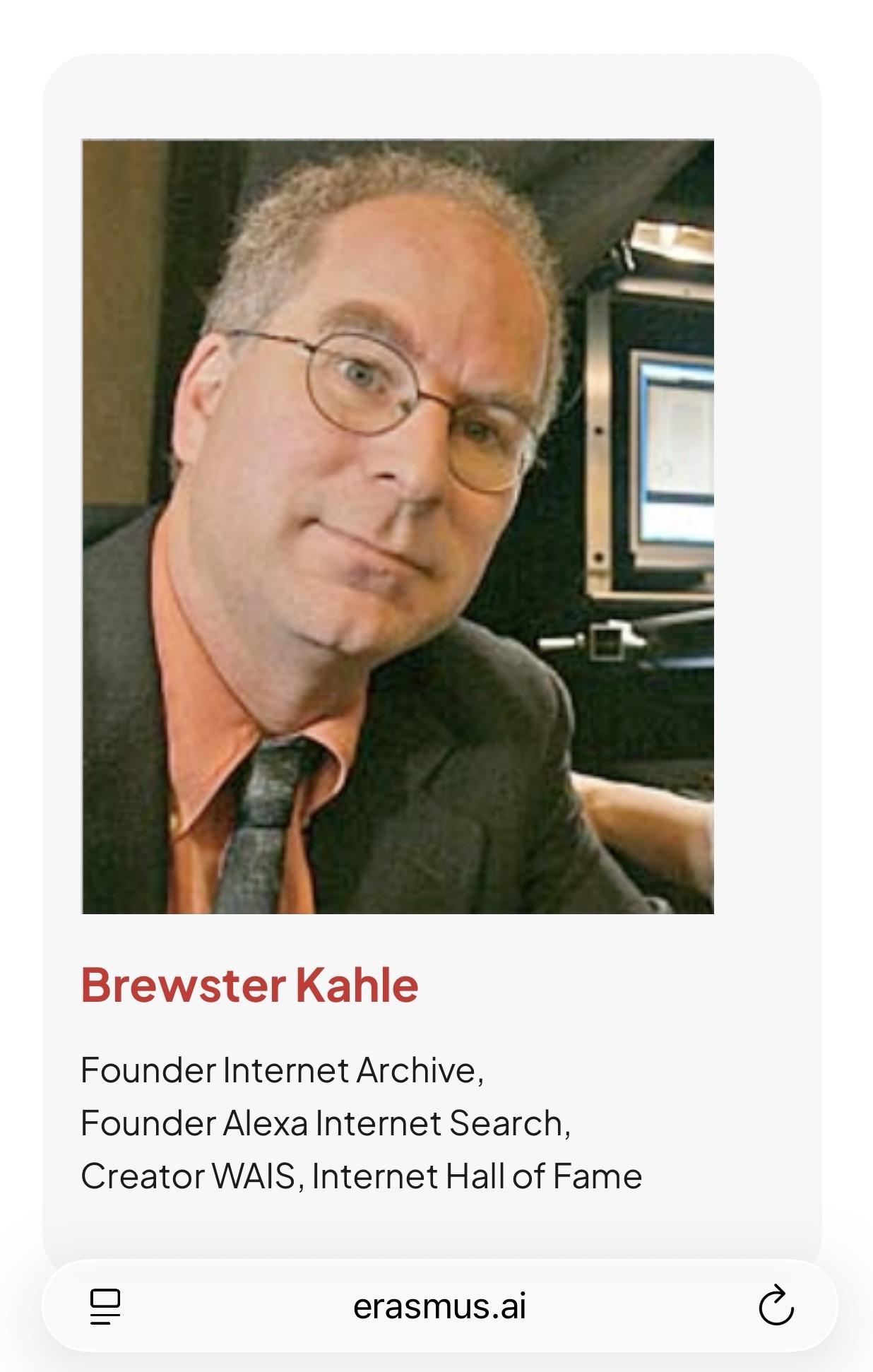 Screenshot from erasmus.ia website showing Brewster Kahle, founder of Internet Archive, sitting on the erasmus ai board of directors.