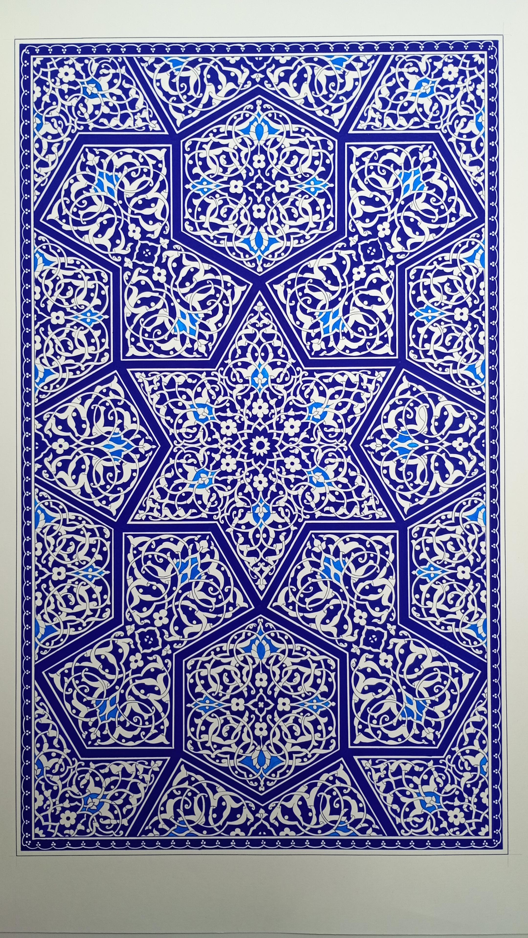 Panel composed of large tesselating stars, hexagons, and bow-tie shapes, each filled with symmetrically twining white biomorphic designs on a dark blue background. The outlines of the shapes are also in dark blue channels, and the border around the panel is dark blue with a little picket-fence type design running along it in white.