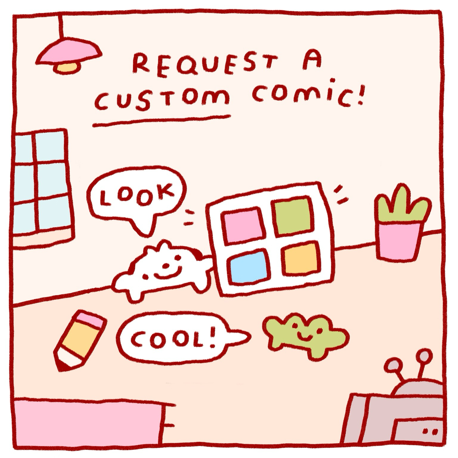 drawn image of momo showing off a comic (just four colored blocks on a white paper in my overly stylised drawing style) to forg. He says 'look' and forg goes 'cool!'. Text above reads 'request a custom comic!'