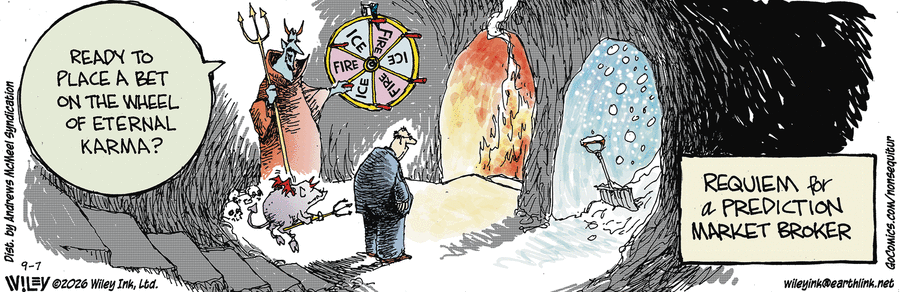 male prediction broker in suit at the entry to hell. devil ready to spin a wheel that has two repeating choices: fire or ice. prediction broker is facing a cave full of ice and snow with a shovel, and a cave with flames and smoke. a trident-wielding demon hovers behind the prediction broker, ready to poke him.