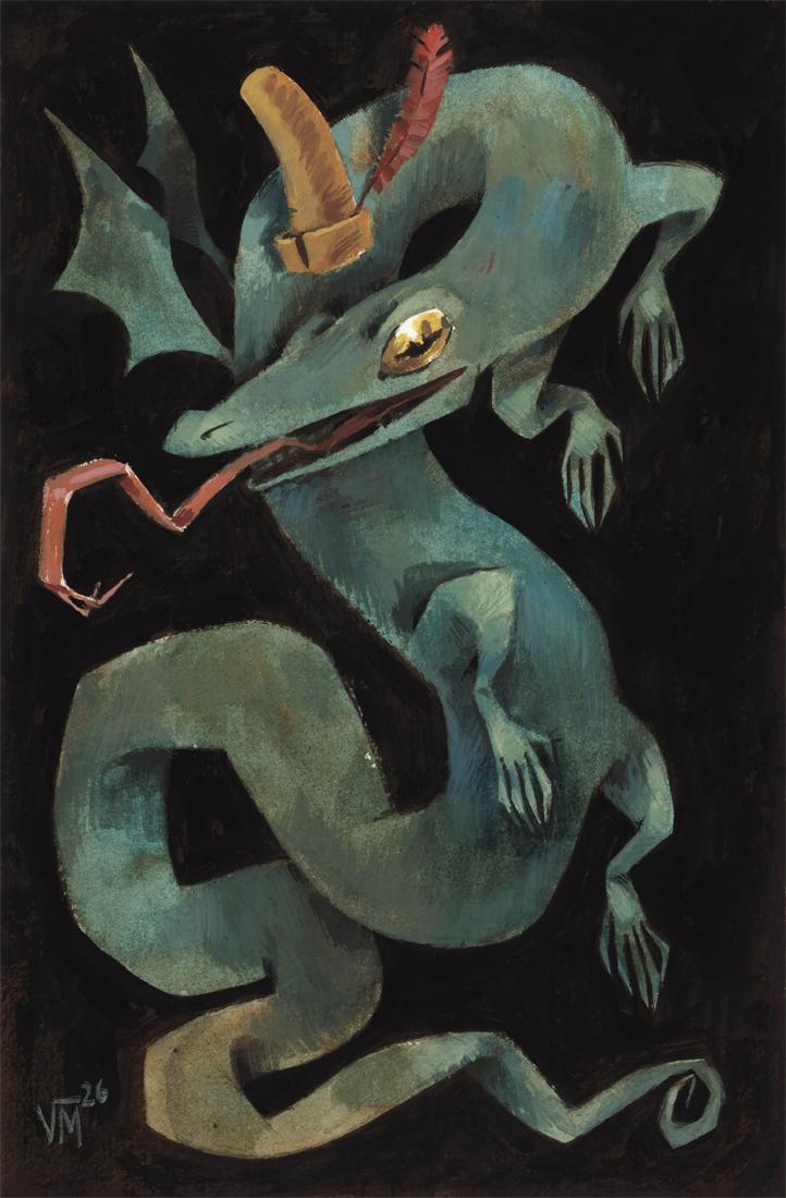 Painting in gouache of a green dragon (a twisted lizard with tiny wings) wearing a floating hat with a feather.
